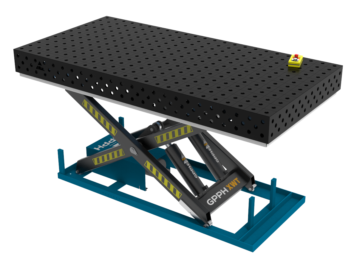 Schweißtisch PLUS 2400×1200 mm mit hydraulischem Hebesystem Tischplatte PLUS System Φ28 Raster 100x100mm