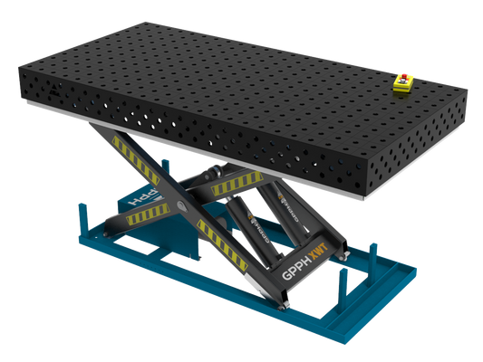 Schweißtisch PLUS 2400×1200 mm mit hydraulischem Hebesystem Tischplatte PLUS System Φ28 Raster 100x100mm