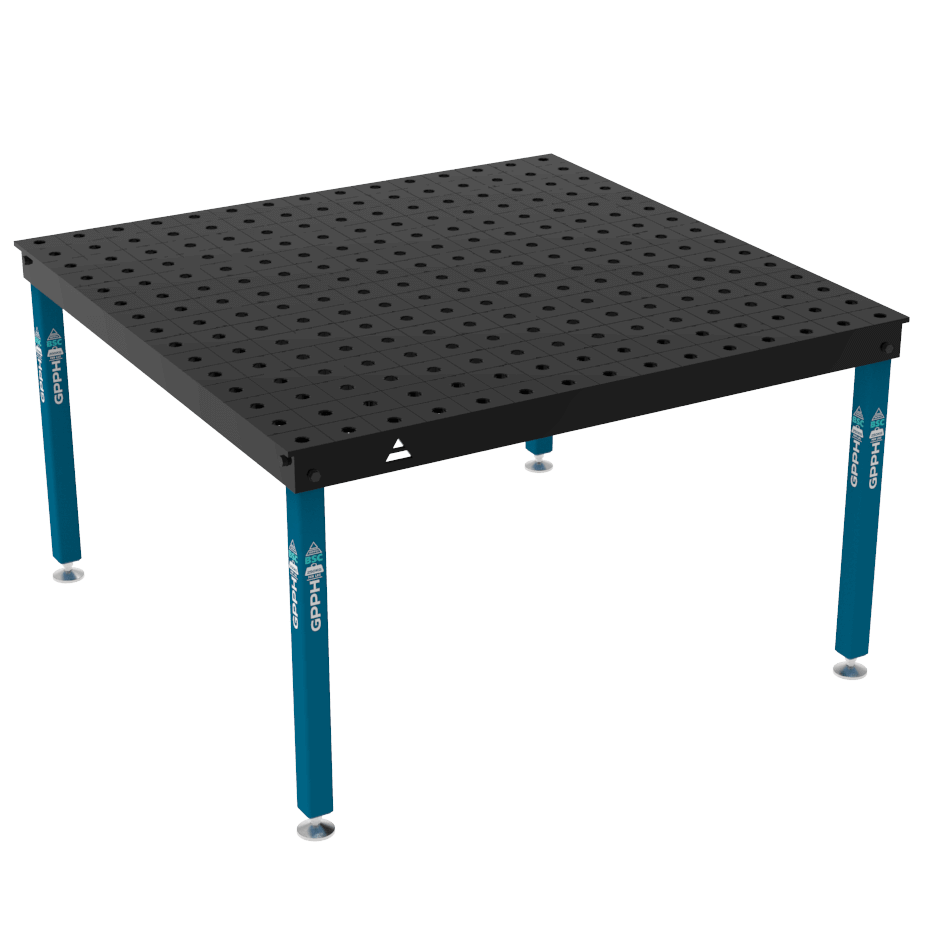 Schweißtisch BASIC 12 mm – 1500 x 1480 mm System Φ28 Raster 100x100mm Beine Mit festen Füßen
