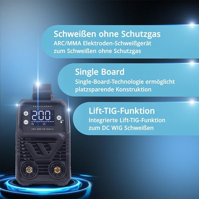 STAHLWERK ARC 200 MD Digital Elektrodenschweißgerät 10–200 A mit Zubehör