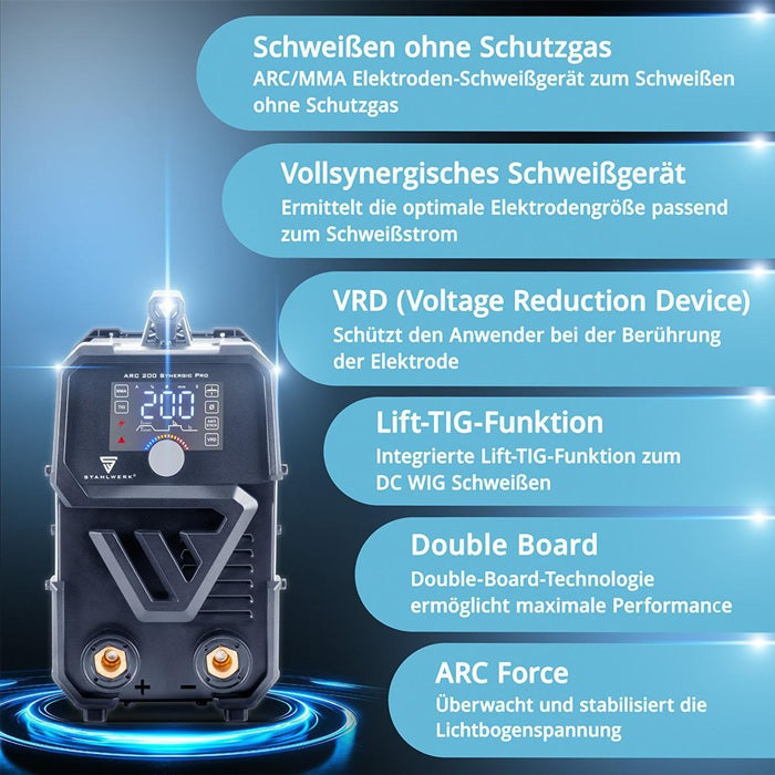 STAHLWERK ARC 200 Synergic Pro Elektrodenschweißgerät 10–200 A mit Zubehör
