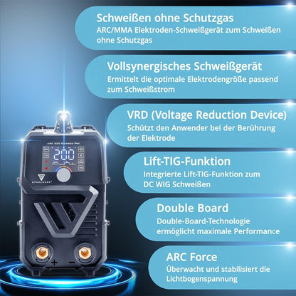STAHLWERK ARC 200 Synergic Pro Elektrodenschweißgerät 10–200 A mit Zubehör