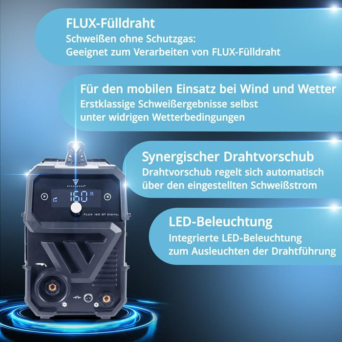 STAHLWERK FLUX 160 ST Digital Fülldrahtschweißgerät 20–160 A mit Zubehör