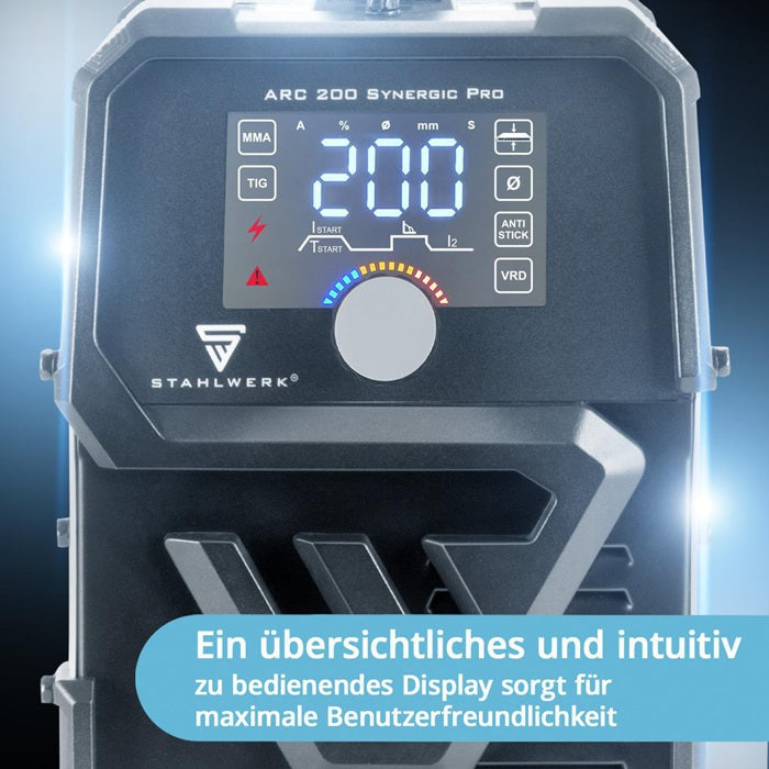 STAHLWERK ARC 200 Synergic Pro Elektrodenschweißgerät 10–200 A mit Zubehör