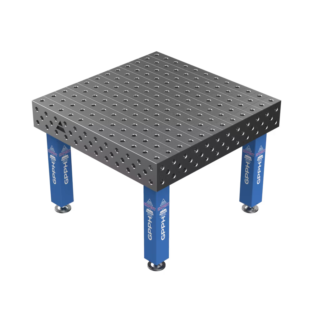 Schweißtisch EXPERT 25 mm – 1200×1200 mm System Φ28 Raster 100x100mm Beine Mit festen Füßen