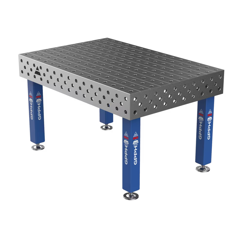 Schweißtisch PRO 15 mm – 1500x1000 mm System Φ28 Raster 100x100mm Beine Mit festen Füßen