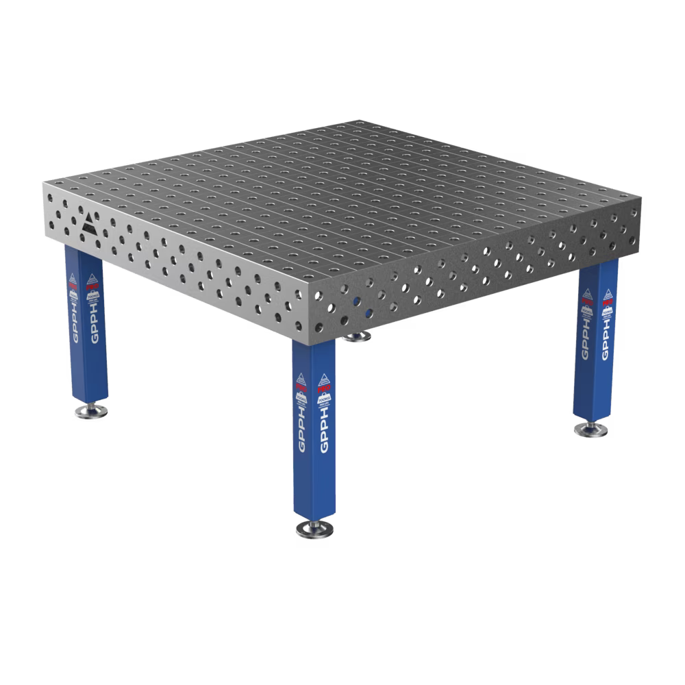 Schweißtisch PRO 15 mm – 1500x1480 mm System Φ28 Raster 100x100mm Beine Mit festen Füßen