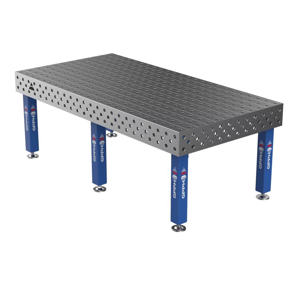 Schweißtisch PRO 15 mm – 2400x1200 mm System Φ28 Raster 100x100mm Beine Mit festen Füßen
