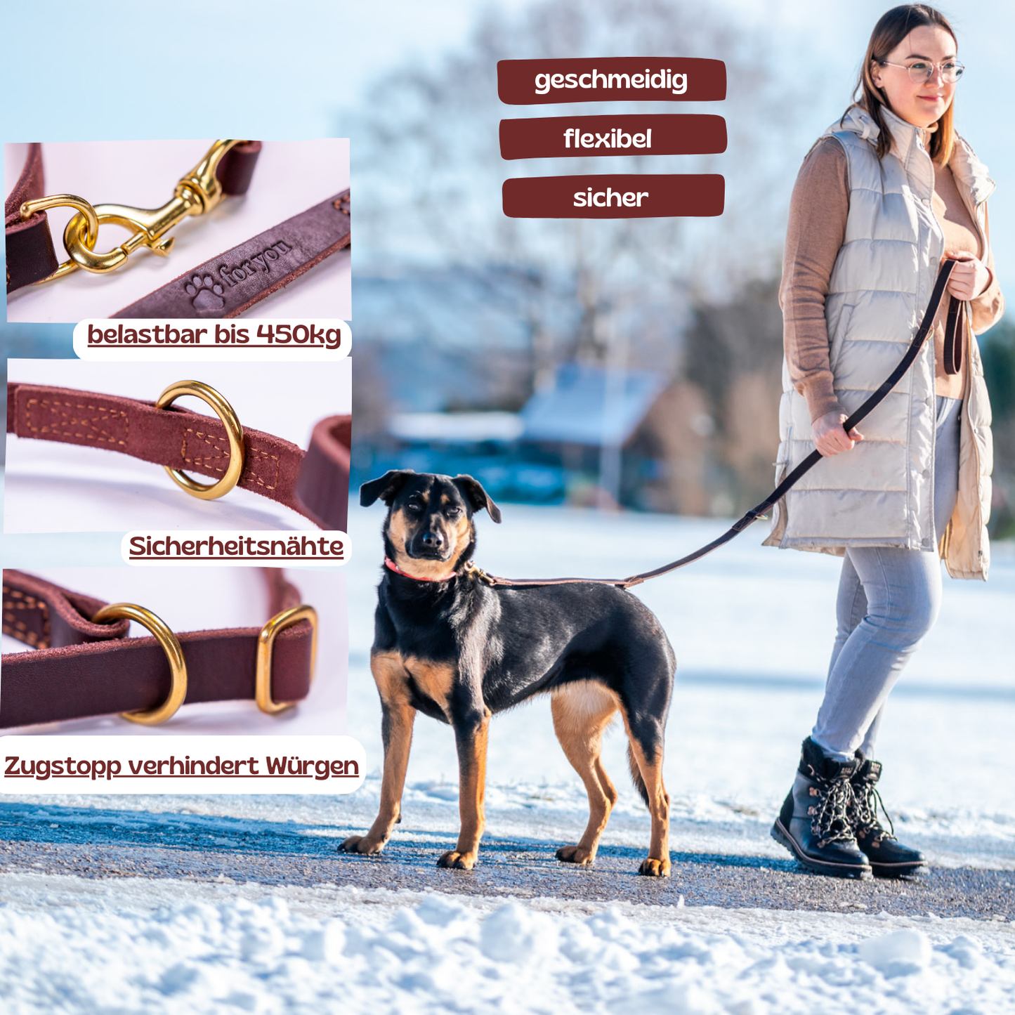 foryou® Echt Leder Hundeleine mit Halsung - Ihre Führleine in Premium Qualität - Made in Germany